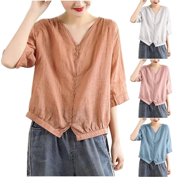 TAGOLD Summer Casual Tops,Plus Size T-shirt Blouse for Womens, Women's Fashionable Embroidered Round Neck Five Quarter Sleeved Short Sleeved Blouse,Short Sleeve V-Neck Blouses & Shirts