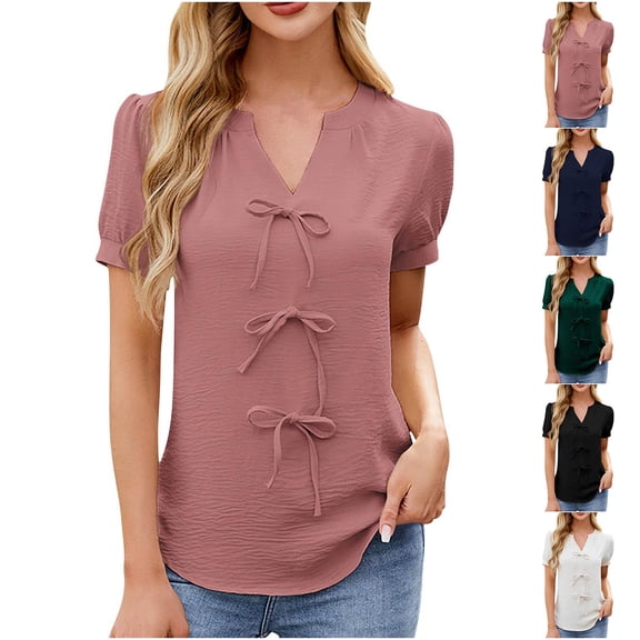 TAGOLD Summer Casual Tops,Plus Size T-shirt Blouse for Womens, Women's New Short-sleeved V-neck Strap Solid Color Pullover Casual Fashion,Short Sleeve V-Neck Blouses & Shirts