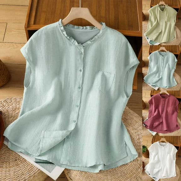 TAGOLD Summer Casual Tops,Plus Size T-shirt Blouse for Womens, Women's Solid Color Imitation And Linen Sleeveless Round Neck Button Pocket Tank,Round-Neck Tank Top