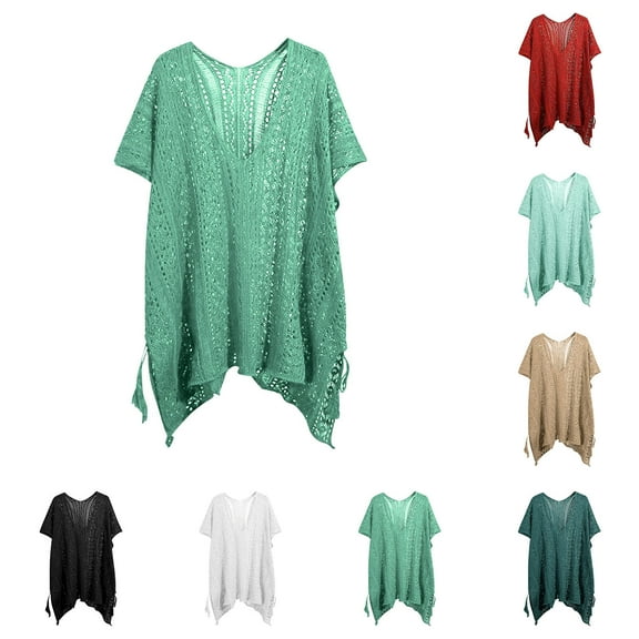 TAGOLD Summer Casual Tops,Plus Size T-shirt Blouse for Womens, Women's Spring And Winter Solid Color V-neck Knitted Short Sleeve Tank Top Loose Hollow Head Sunscreen Cover