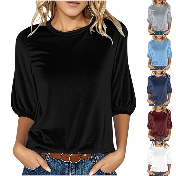 TAGOLD Summer Casual Tops,Plus Size T-shirt Blouse for Womens, Women's Summer Fashion Cropped 3/4Sleeves Round Neck Velvet Solid Color Snug Shirt Blouse