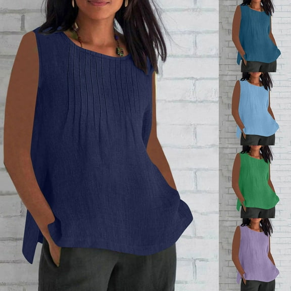 TAGOLD Summer Casual Tops,Plus Size T-shirt Blouse for Womens, Women's Summer Fashion Pleated Sleeveless Round Neck Imitation And Linen Loose Shirt Blouse