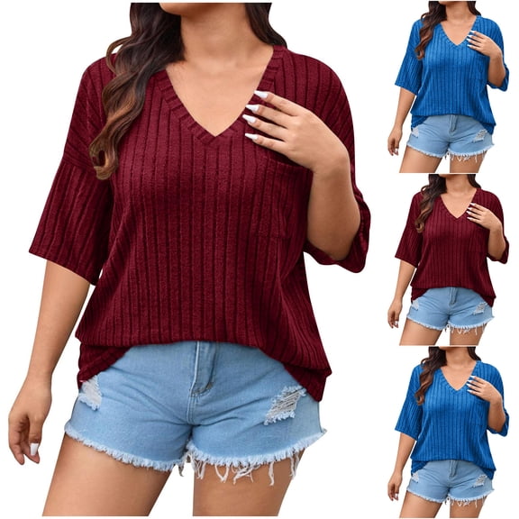 TAGOLD Summer Casual Tops,Plus Size T-shirt Blouse for Womens, Women's Summer Large Casual Loose Solid Color V-neck Knitted Strip,Short Sleeve Round-Neck Blouses & Shirts