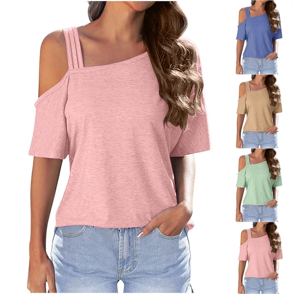 TAGOLD Summer Casual Tops,Plus Size T-shirt Blouse for Womens, Women's Summer New Casual Off-Shoulder Outer Wear Loose Short-Sleeved Round Neck Top/Shirt,Short Sleeve Round-Neck Blouses & Shirts