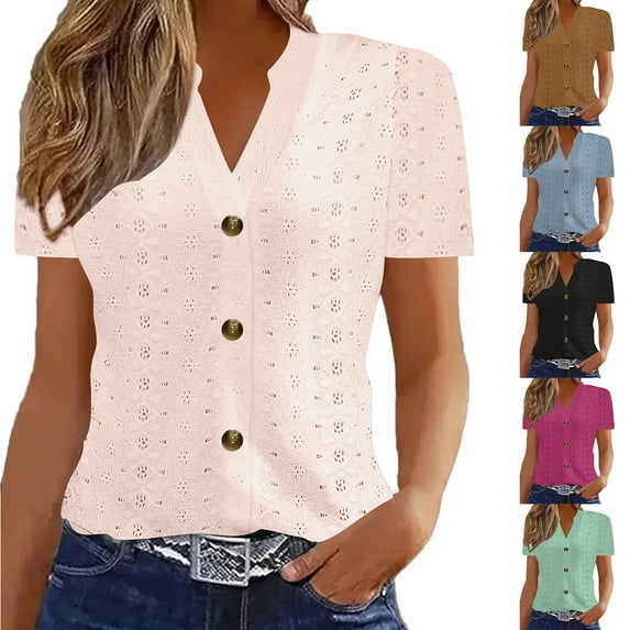 TAGOLD Summer Casual Tops,Plus Size T-shirt Blouse for Womens, Women's V-neck Twisted Button Solid Color Casual Loose Button Short Sleeved,Short Sleeve V-Neck Blouses & Shirts