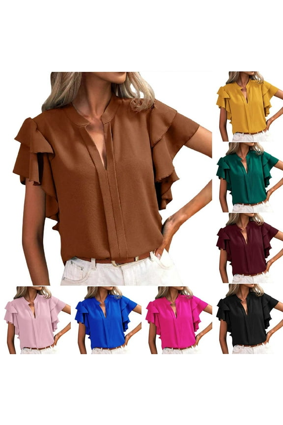 Summer Casual Tops,Plus Size T-shirt Blouse for Womens, Wowen's Fashionable V-Neck Casual Double-Layer Ruffle Sleeve Solid Color,Short Sleeve V-Neck Blouses & Shirts