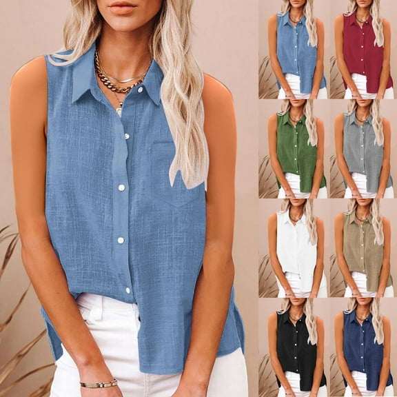 TAGOLD Summer Casual Tops,Plus Size T-shirt Blouse for Womens, Fashionable Women's Summer Solid Color Sleeveless Slit Pocket Button Up Shirt