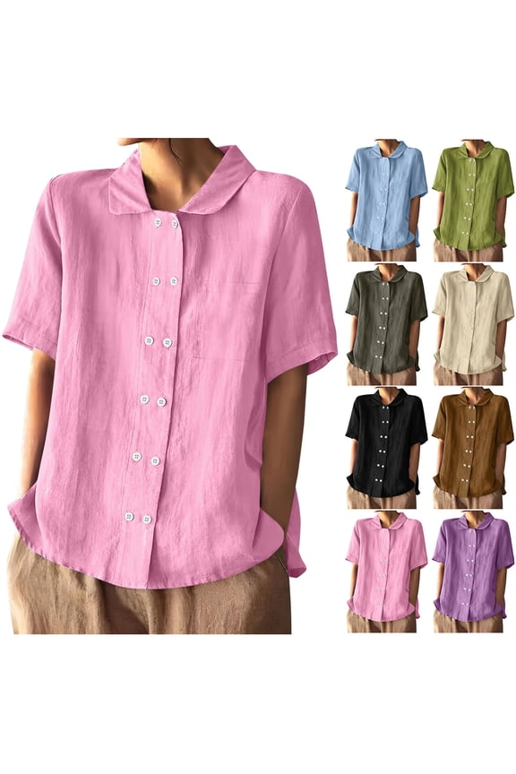 Summer Casual Tops,Plus Size T-shirt Blouse for Womens, Women's Fashion And Double Breasted Open Collar Short Sleeved Top