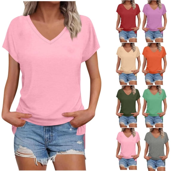 TAGOLD Summer Casual Tops,Plus Size T-shirt Blouse for Womens, Women's Fashion Solid Color Slit Raglan Sleeve Short Sleeve Blouse V-Neck T-Shirt Tops