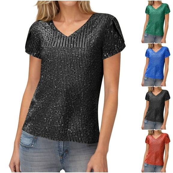 TAGOLD Summer Casual Tops,Plus Size T-shirt Blouse for Womens, Women's New Solid Color Sequin Glitter Flower Short Sleeve V-neck T-shirt