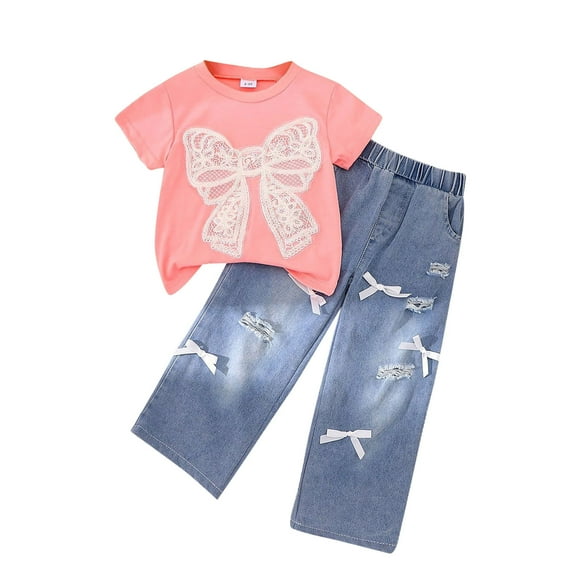 TAGOLD Summer Outfit Sets for Kids Clothes,Girls Outfit Sets,2-7Y Girls' Fashion Bow Printed Short Sleeve Cowboy Wide Leg Pants Set Short Sleeve Round Neck Top/Shirt Set