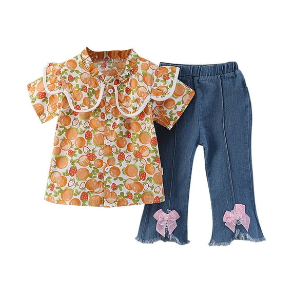 TAGOLD Summer Outfit Sets for Kids Clothes,Girls Outfit Sets,Children's Summer Little Flower Print Comfortable Casual Shirt Set Short Short Sleeve And Jeans Lapel Sets For Kids
