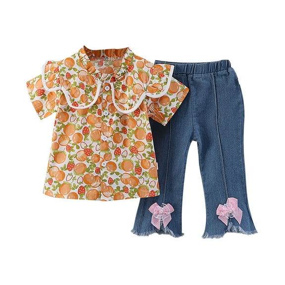 TAGOLD Summer Outfit Sets for Kids Clothes,Girls Outfit Sets,Children's Summer Little Flower Print Comfortable Casual Shirt Set Short Short Sleeve And Jeans Lapel Sets For Kids