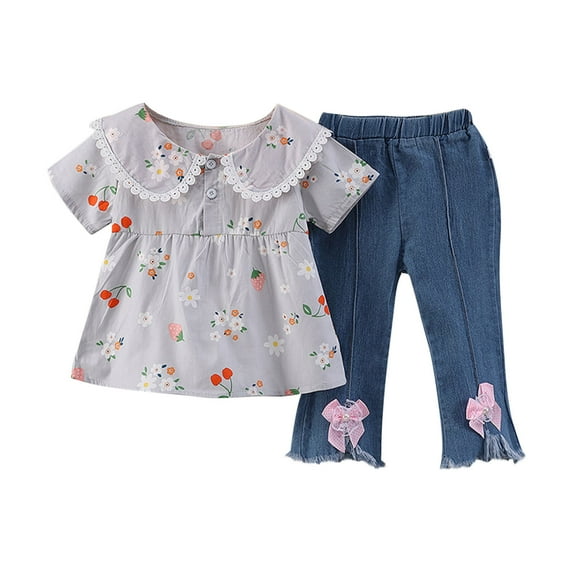 TAGOLD Summer Outfit Sets for Kids Clothes,Girls Outfit Sets,Children's Summer Little Flower Print Comfortable Casual Shirt Set Short Short Sleeve And Jeans Lapel Sets For Kids