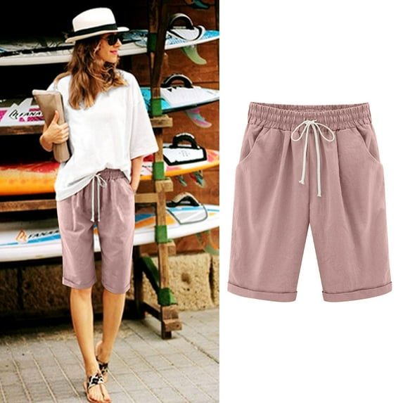 TAGOLD Womens Summer Shorts,Women's Summer Solid Five Points Large Size Cotton Linen Pants Casual Pants