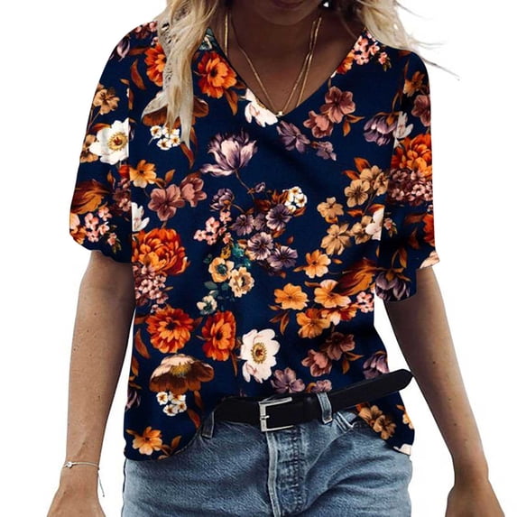 Spring Summer Savings Clearance 2023! TAGOLD Tops for Womens,Women's Fashion Casual Plus Size Scenic Flowers Printing V-Neck T-Shirt Tops Navy XXXXL