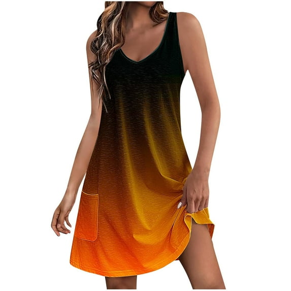 TAGOLD Summer Womens Plus Size Dress,Women's Casual Sundress With Pockets Summer Boho Beach Dress Floral T-Shirts Dress V Neck Loose Tank Dresses Orange M
