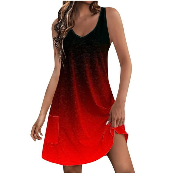 TAGOLD Summer Womens Plus Size Dress,Women's Casual Sundress With Pockets Summer Boho Beach Dress Floral T-Shirts Dress V Neck Loose Tank Dresses Red S