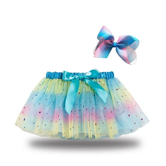 TAGOLD Toddler Girls Cute Party Dance Costume Splice Rainbow Net Yarn Sequins Tulle Skirt Bow Hairpin Suit Light blue 2-4 Years