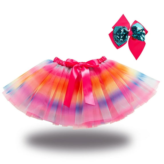 TAGOLD Toddler Girls Cute Party Dance Costume Splice Rainbow Net Yarn Sequins Tulle Skirt Bow Hairpin Suit Pink 9-11 Years