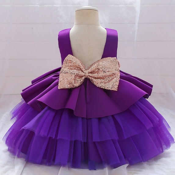 TAGOLD Toddler Girls Net Yarn Embroidery Rhinestone Bowknot Birthday Party Gown Long Dresses Headband Suit Purple 2-3Years