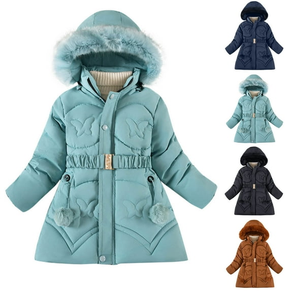 TAGOLD Winter Coats for Girls 5-11 Years Little Girl Coats Solid Long Sleeve Big Collar Bow Print Thickened Warm Quilted Coat