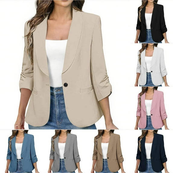 TAGOLD Womens Sweater Coats,Casual Plus Size Fall Jacket for Womens,Solid Blazers For Women Business Casual 3/4 Sleeve Lapel Open Front Suit Jacket Work Blazer With Pockets Navy S