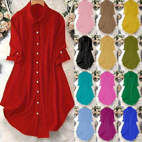 TAGOLD Womens Sweater Tops,Casual Plus Size Fall Tops Blouse for Womens,Fashion Women's 3/4 Sleeve Solid Turn Down Collar Top Blouse Ladies Lapel Button Shirt Top Red XXL