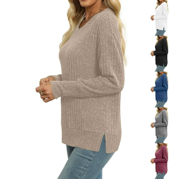 TAGOLD Womens Sweater Tops,Casual Plus Size Fall Tops Blouse for Womens,Knitted Stripe Women's Versatile Round Neck Pullover Long Sleeved Top White S