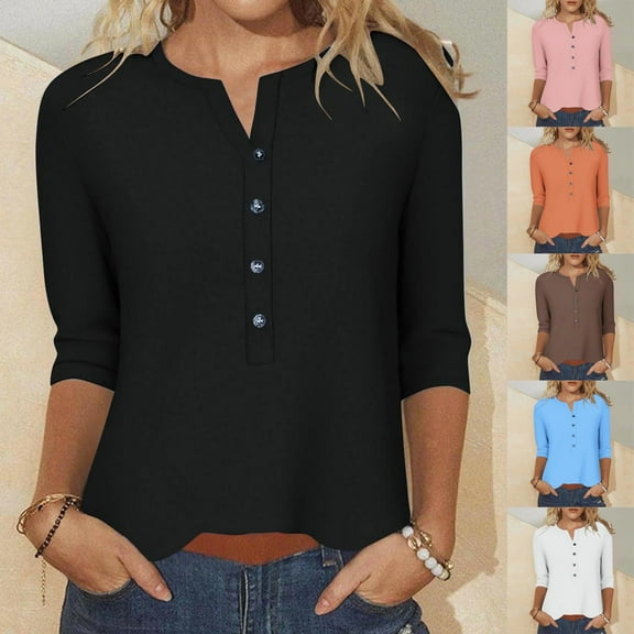 TAGOLD Womens Sweater Tops,Casual Plus Size Fall Tops Blouse for Womens,Women's Casual Button V Neck Three Quarter Sleeve 3/4 Sleeve T-shirt Loose Blue XXXL