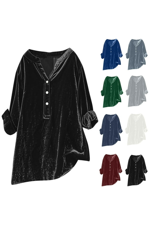Womens Sweater Tops,Casual Plus Size Fall Tops Blouse for Womens,Women's V-Neck Long Sleeve Loose Button Golden Velvet Tunic Half Open Buckle Blouse With No Pocket Green XXXXL