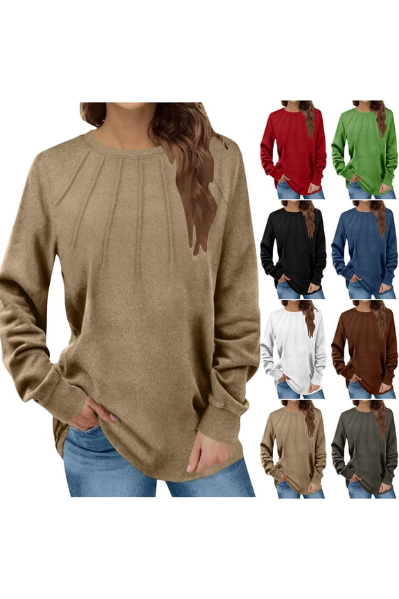 Womens Sweater Tops,Casual Plus Size Fall Tops Blouse for Womens,Women's Winter Casual Solid Color Round Neck Pullover Long Sleeved Chest Pleated Velvet Top Coffee XL