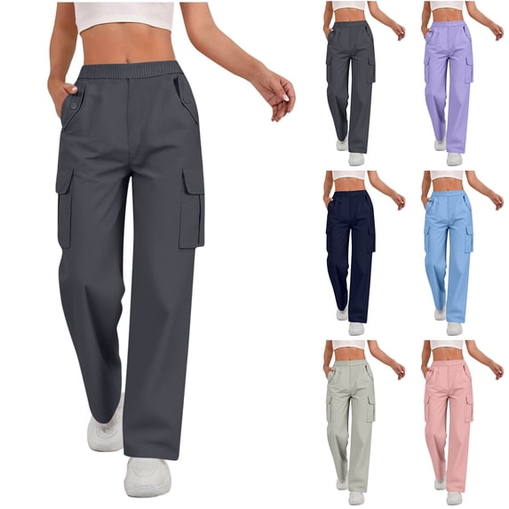 TAGOLD Women Casual Pants Solid Color Elastic Waist Button Pocket Cargo Long Pants Summer