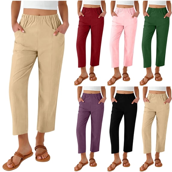 TAGOLD Women Casual Pants Solid Color Stretch Waist Pocket Linen Like 9 Points Pants