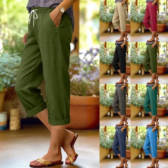 TAGOLD Women Casual Pants Summer Linen Like Drawstring Elastic Waist Pocket Straights Pants