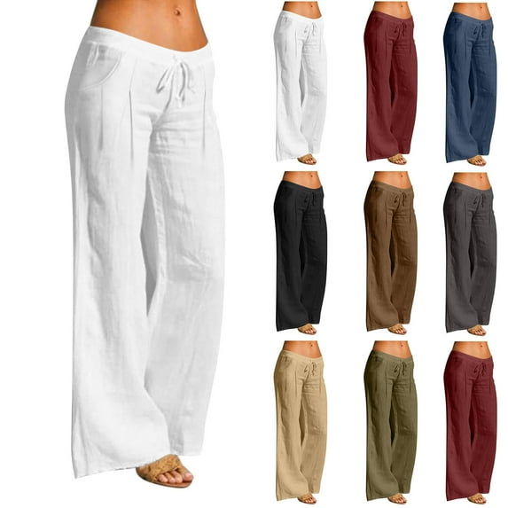 TAGOLD Women Solid Color Drawstring Ruched Linen Pants With Pockets Casual Summer Loose Long Bottoms