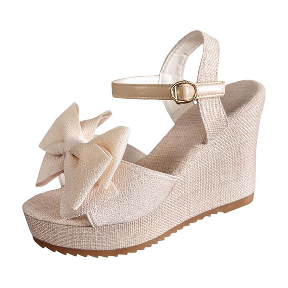 TAGOLD Women's Sandals,Women's Fashionable Casual Versatile Plus Size Beach Slippers Solid Color Bow Round Toe Open Toe One-Strap Wedge Slippers