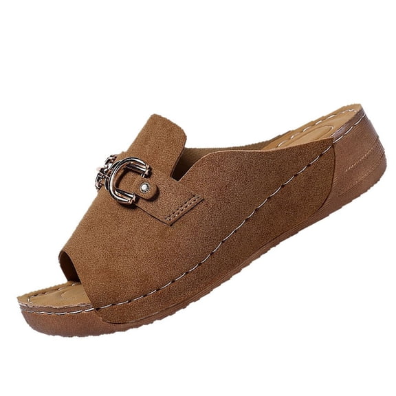 TAGOLD Women's Wedges Shoes,Women Casual Plus Size Summer Item Metal Buckle Solid Color One Line Drag Half Slippers
