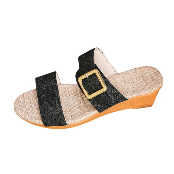 TAGOLD Women's Wedges Shoes,Women /Summer Fashionable Casual Slope Heel Large Glitter Belt Buckle Comfortable Outdoor Beach Slippers