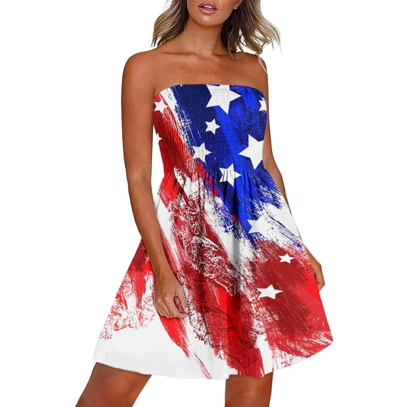 TAGOLD Womens 2023 Summer Dresses,Women's Summer Boho Style Independence Day Print Sleeveless One-Shoulder Dress