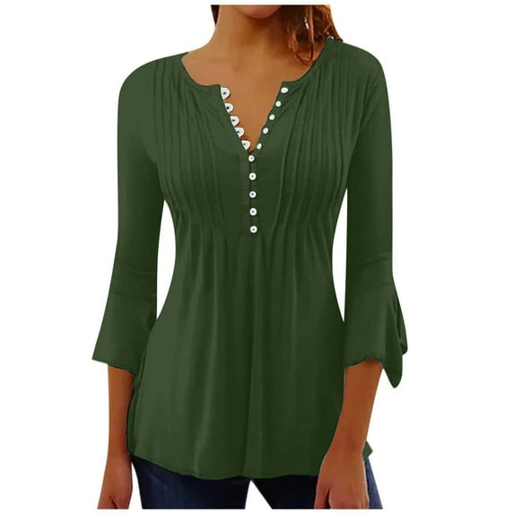TAGOLD Womens 3/4 Long Sleeve Summer Tops, Women's Casual Trumpet 3/4 Sleeve Solid Buttoned Basic Ruched Corset Tunic Tops Pleated T-shirts Blouses