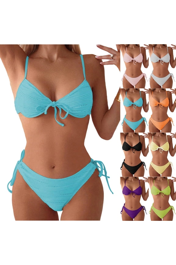 Womens Bikinis Set Solid Color Lace Up 2 Piece Split Bikini Swimsuit Beach Hot Summer Swimwear