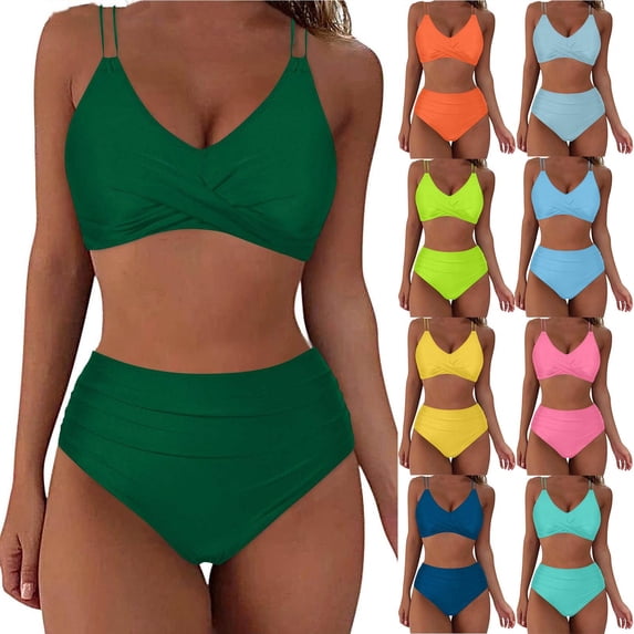 TAGOLD Womens Bikinis Set Solid Color Sleeveless Cami Top High Waist Bottom Stretchy Lightweight Summer TwoPiece Bikini Swimwear