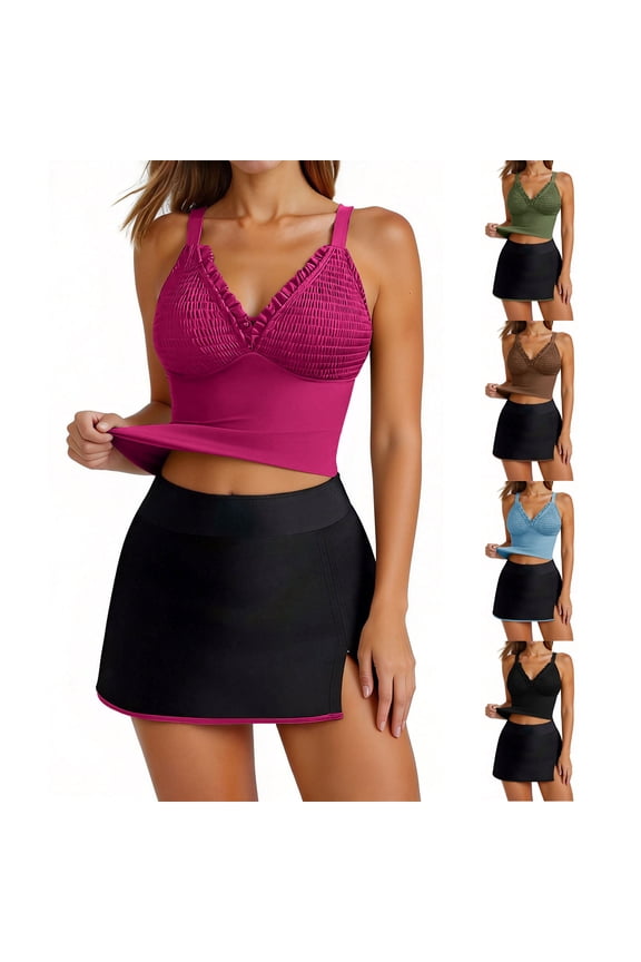 Womens Bikinis Set Solid Color Smocked TwoPiece Skort Sleeveless Summer Beach Bikini Swimwear