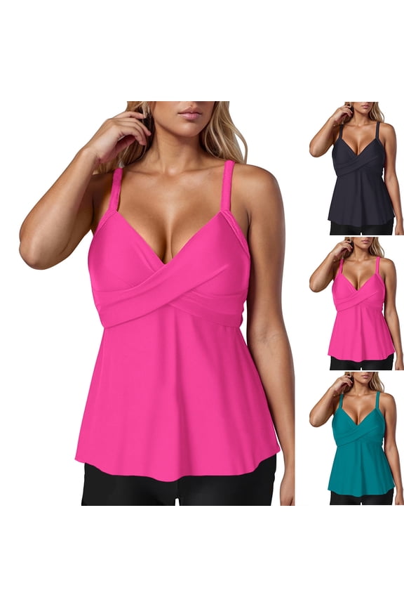 Womens Bikinis Tops Solid Color Drawstring Crew Neck Sleeveless Swimsuit Top For Summer Matching