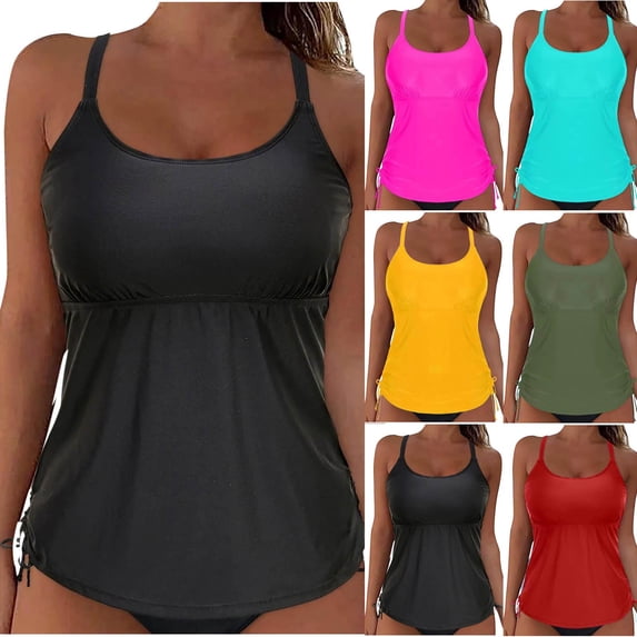 TAGOLD Womens Bikinis Tops Solid Color Round Neck Sleeveless Tank Top Ruffled Basic Slim Breathable Summer Bikini Top