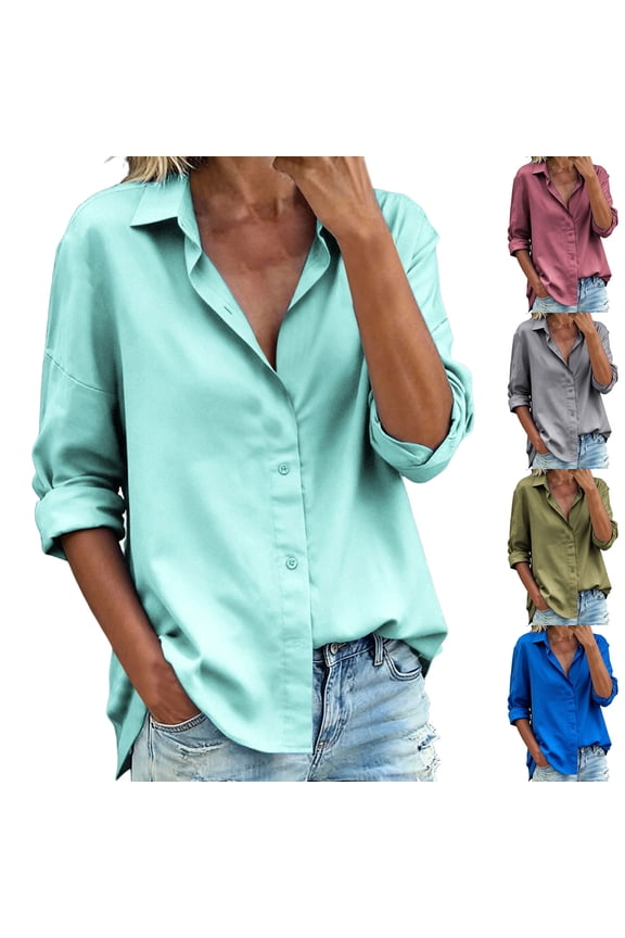 Womens Blouses & Shirts Solid Color Lapel Long Sleeve Loose Casual Open Daily Fashion Top