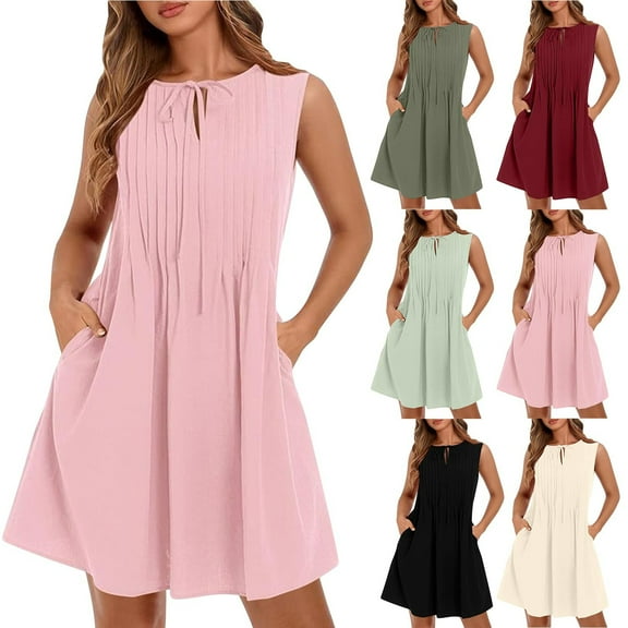 TAGOLD Womens Camis Sleeveless Dress Crew Neck Waist Ruffle Casual Summer Daily Outfit