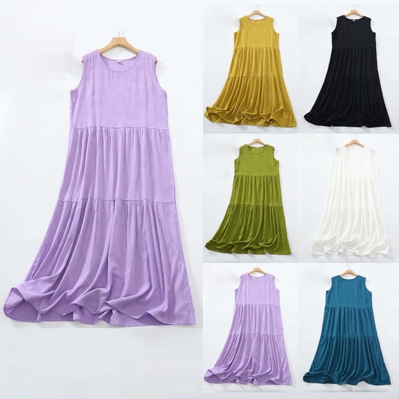 TAGOLD Womens Camis Sleeveless Dress Solid Color Crew Neck Loose Knee Length Versatile Summer Dress