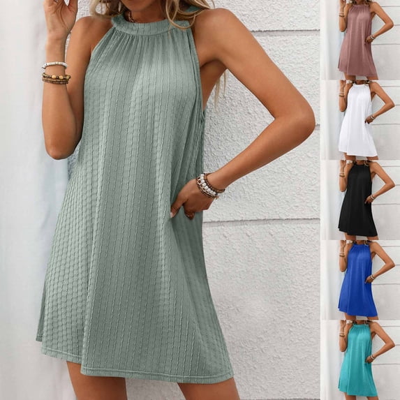 TAGOLD Womens Camis Sleeveless Dress Solid Color Crew Neck Summer Casual